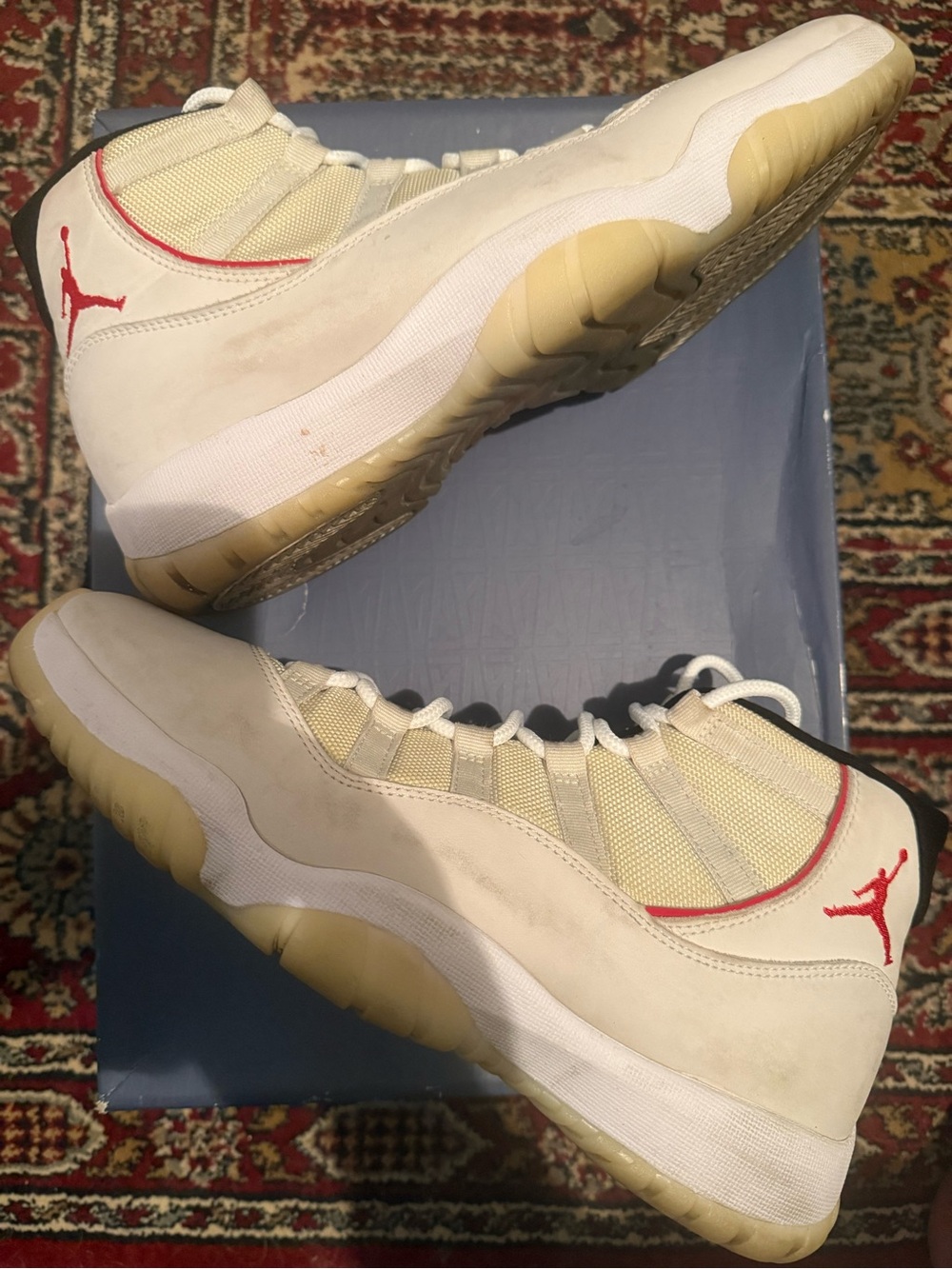 Jordan 11 Retro Platinum Tint - Men's Sneakers in Cream with Red Jumpman